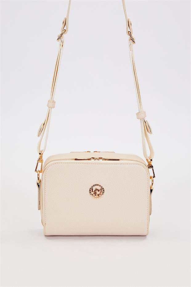 Krem Çift Fermuarlı Ayarlanabilir Omuz Çantası