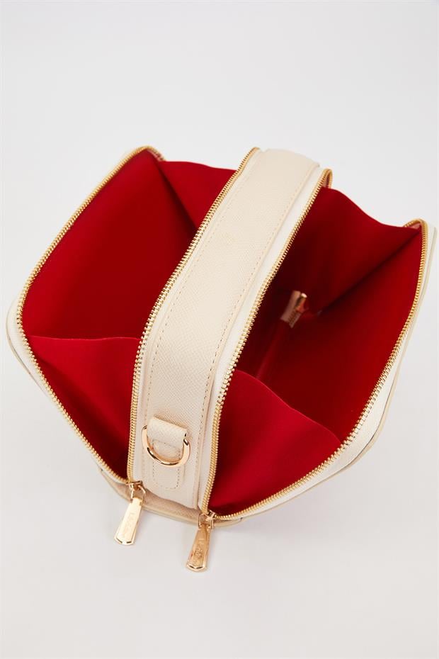 Krem Çift Fermuarlı Ayarlanabilir Omuz Çantası