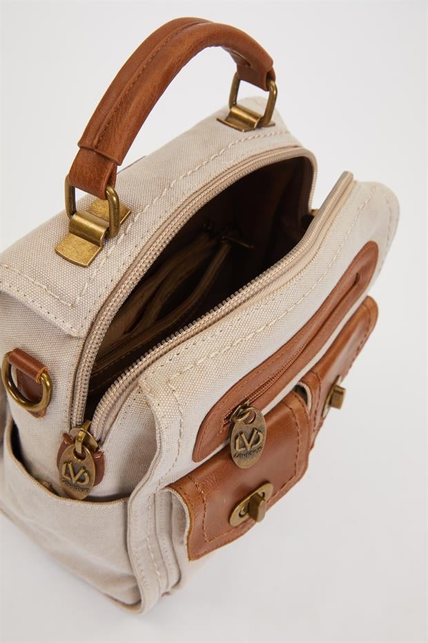 Krem Çift Gözlü Fermuarlı Sırt Çantası