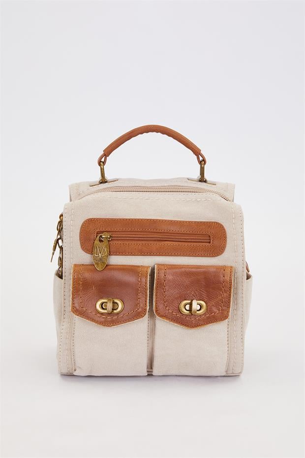 Krem Çift Gözlü Fermuarlı Sırt Çantası