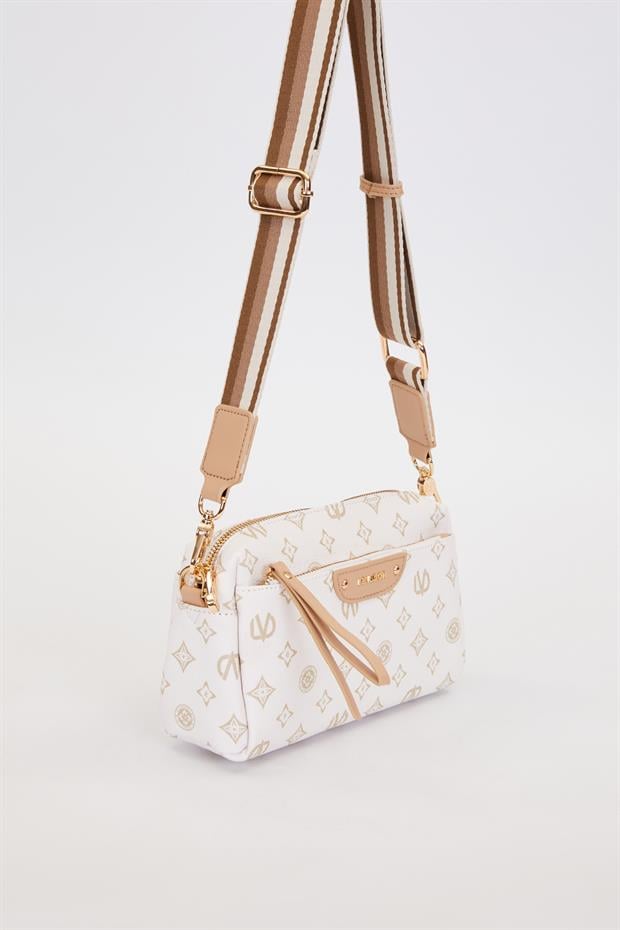 Krem Çizgi Kuşaklı Omuz Çantası