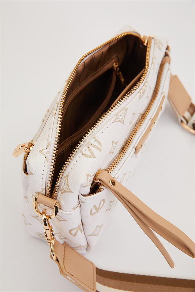 Krem Çizgi Kuşaklı Omuz Çantası