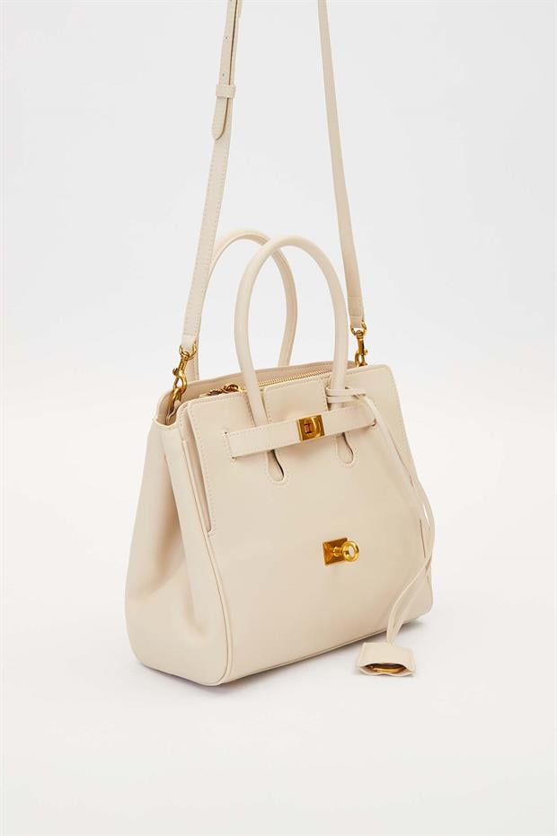 Krem Deri Aksesuar Detaylı El Çantası