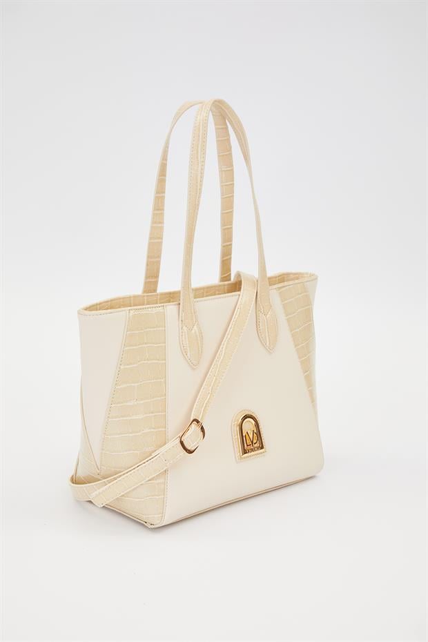 Deri Detay Omuz Çantası Krem
