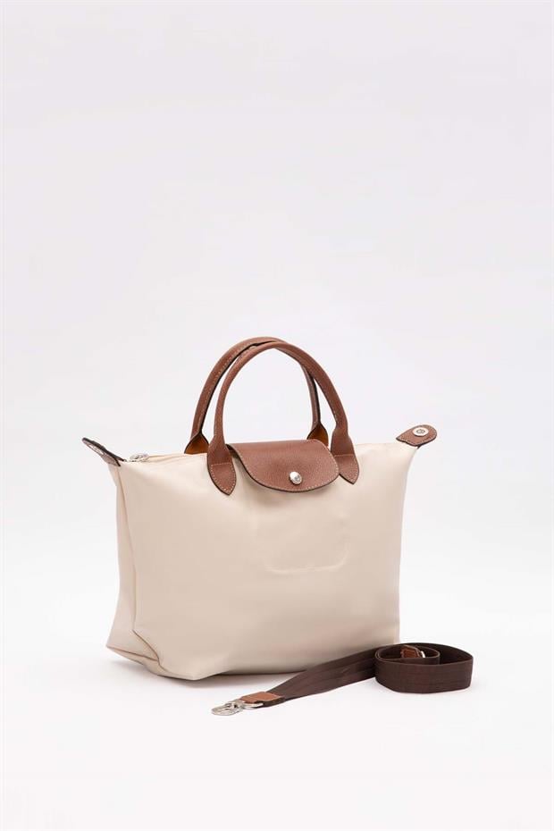 Krem Deri Kapaklı Omuz Çantası