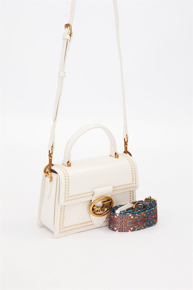 Krem Desenli Askı Detay Omuz Çantası