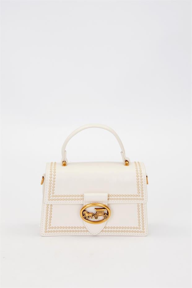 Krem Desenli Askı Detay Omuz Çantası