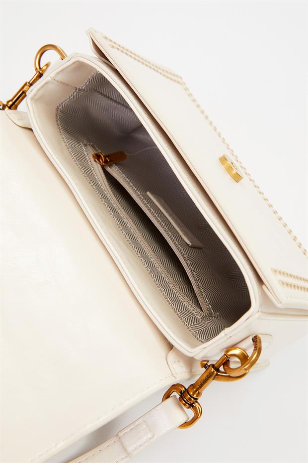 Krem Desenli Askı Detay Omuz Çantası