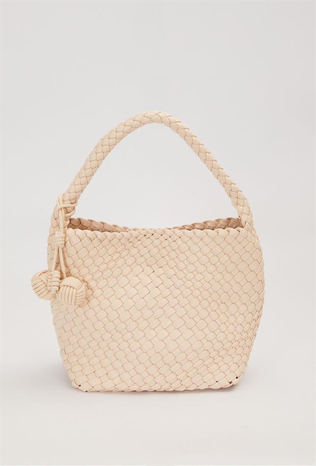 Krem Dikdörtgen Form Örgü Model El Çantası