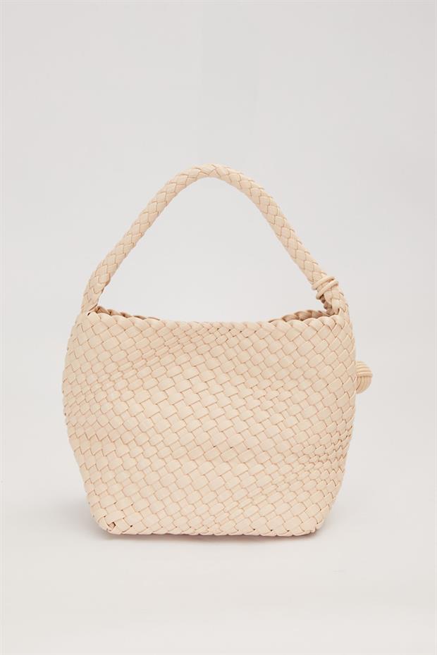 Krem Dikdörtgen Form Örgü Model El Çantası