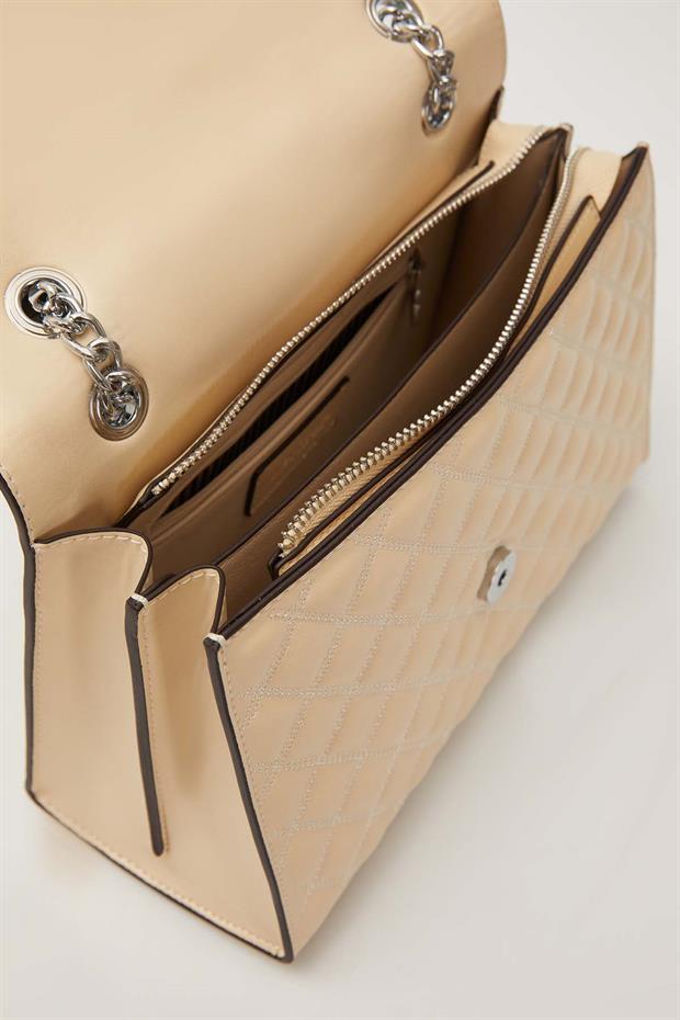 Krem Dikişli Kapitone Omuz Çantası