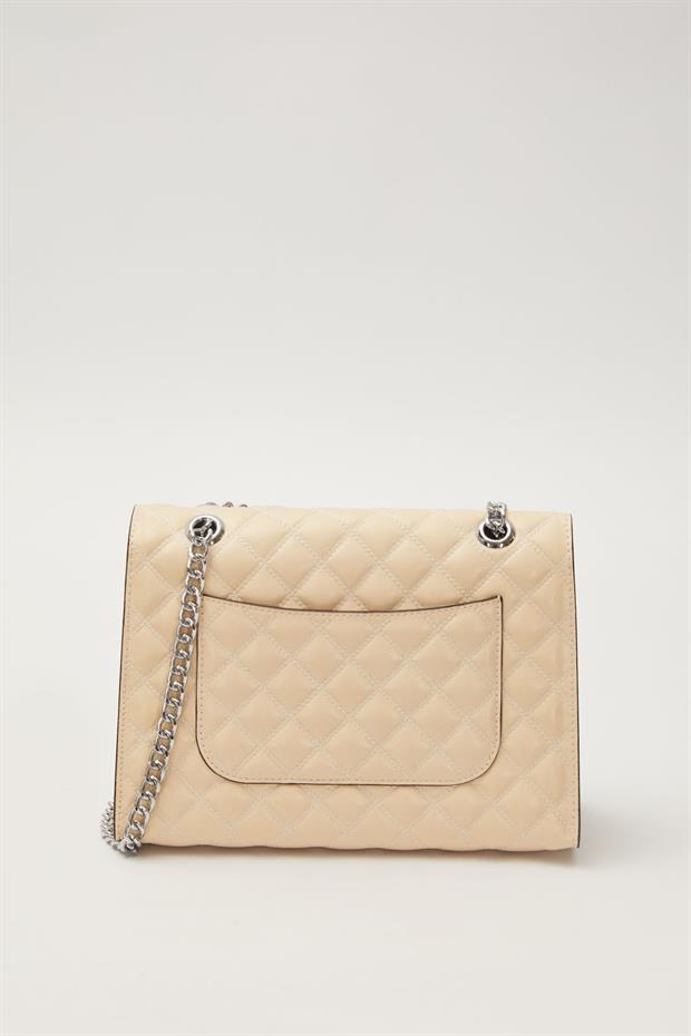 Krem Dikişli Kapitone Omuz Çantası