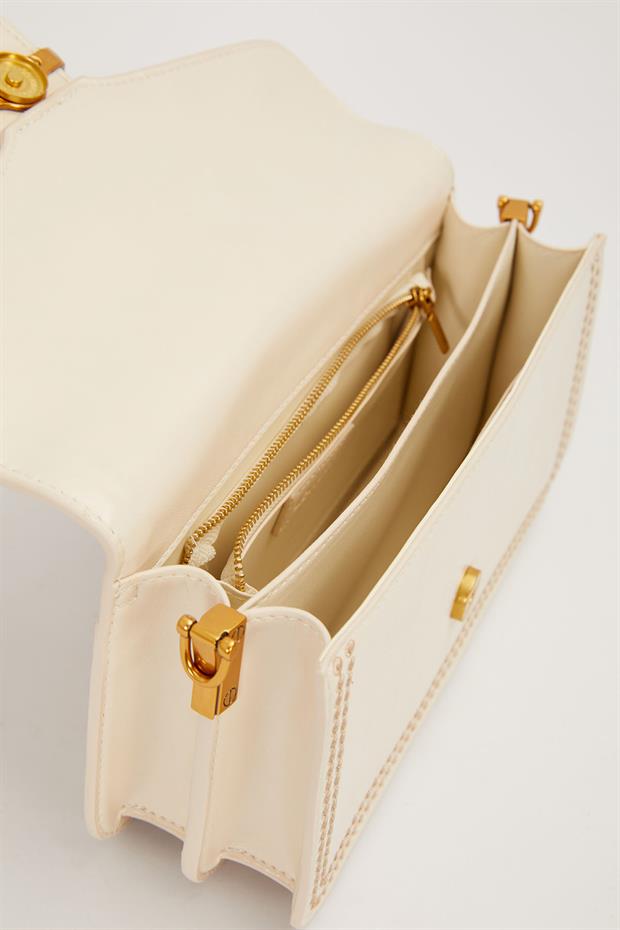 Krem Dikişli Logo Detay Omuz Çantası