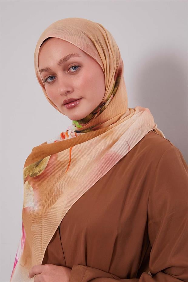 Krem Ebruli Desen Pamuk Şal