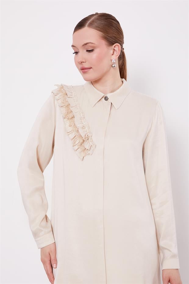 Krem Fırfır Detaylı Cupra Gömlek