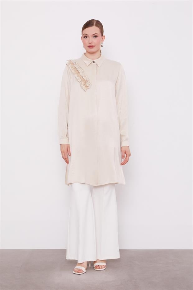 Krem Fırfır Detaylı Cupra Gömlek
