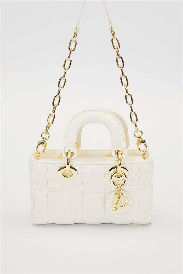 Krem Gold Zincir Detaylı Omuz Çantası