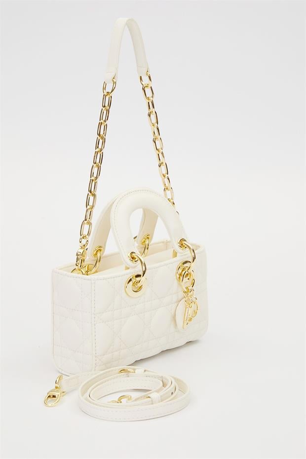 Krem Gold Zincir Detaylı Omuz Çantası