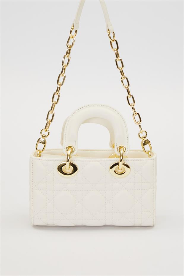 Krem Gold Zincir Detaylı Omuz Çantası