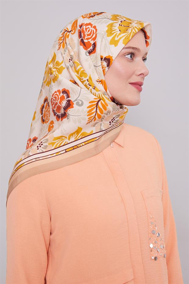 Krem Gül Desen Aura Eşarp