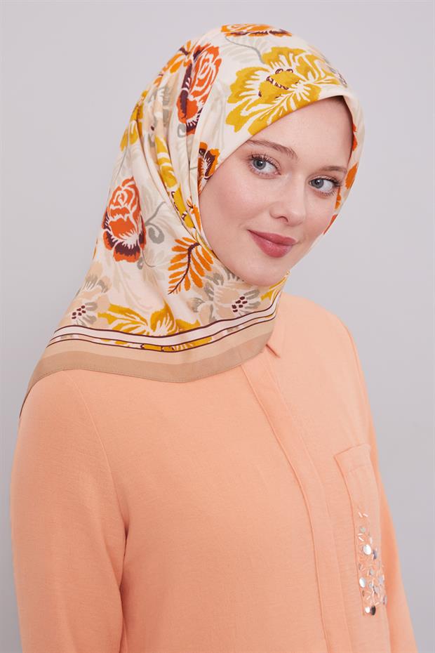 Krem Gül Desen Aura Eşarp