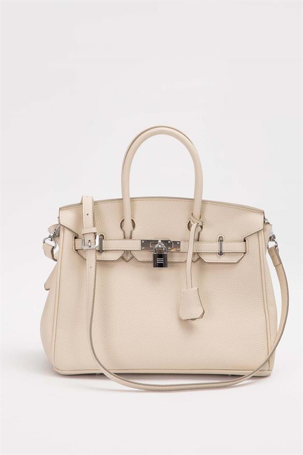 Krem Gümüş Kilit Aksesuar Detaylı El Çantası
