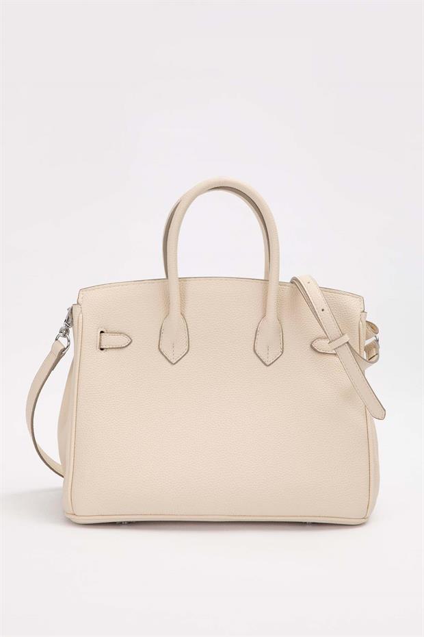 Krem Gümüş Kilit Aksesuar Detaylı El Çantası