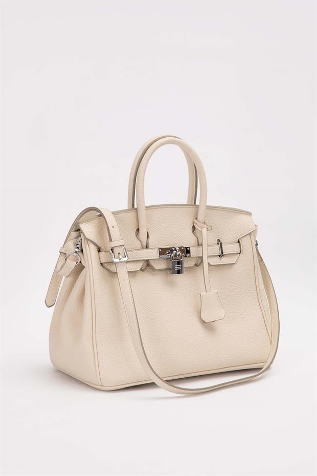 Krem Gümüş Kilit Aksesuar Detaylı El Çantası