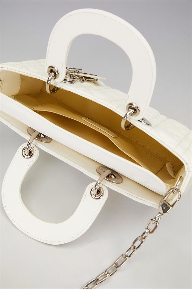 Krem Gümüş Zincir Detaylı Omuz Çantası