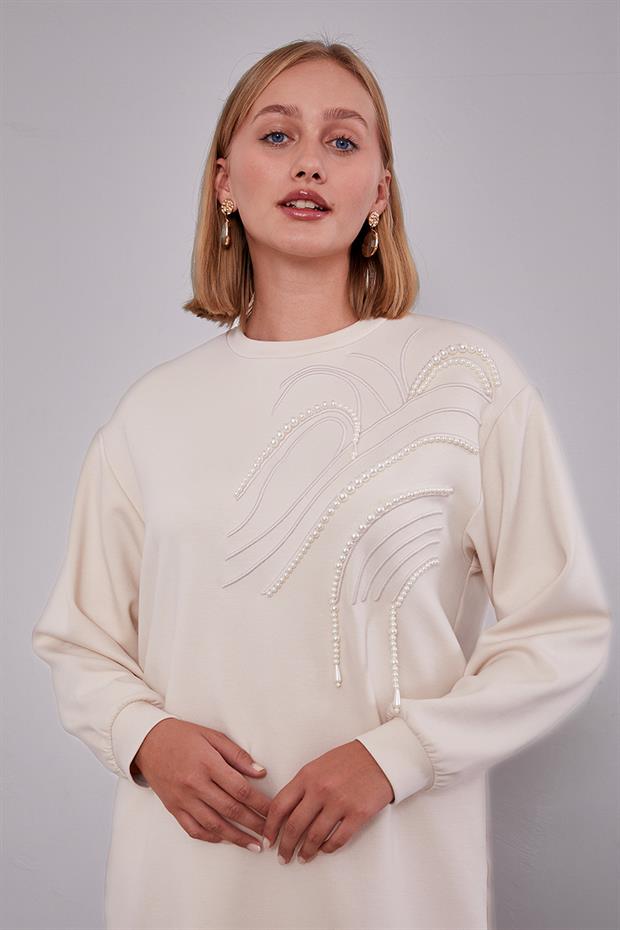 Krem İnci Detaylı Sweatshirt
