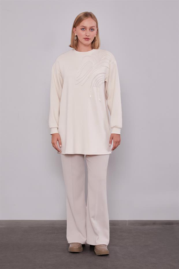 Krem İnci Detaylı Sweatshirt