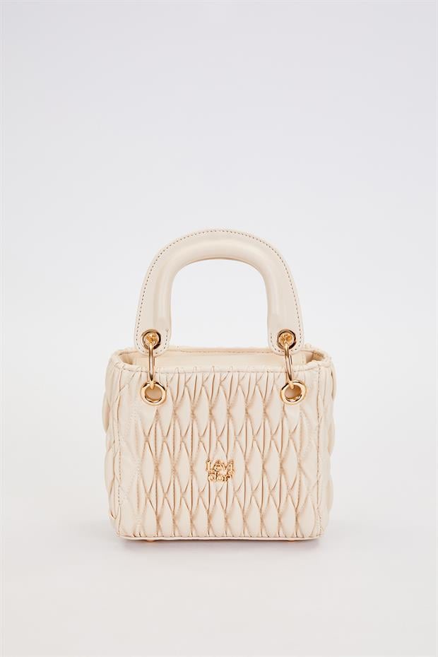 Krem Kabartma Desenli El Çantası