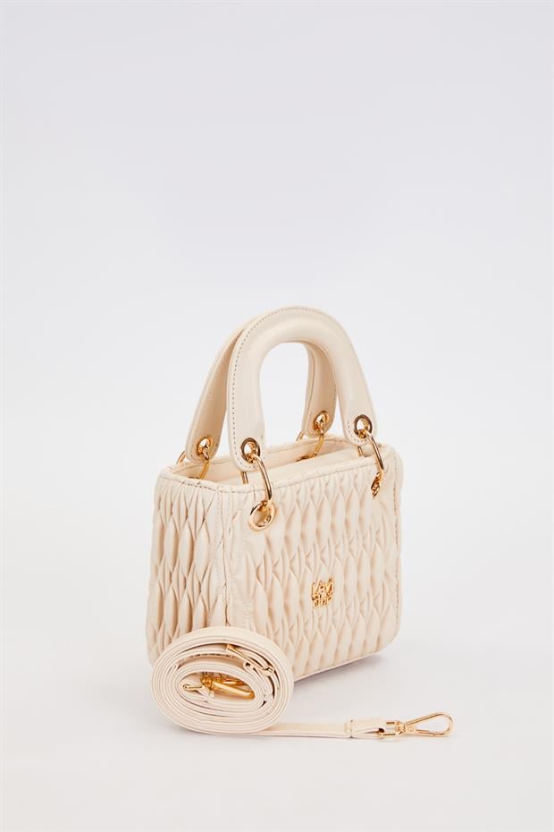 Krem Kabartma Desenli El Çantası