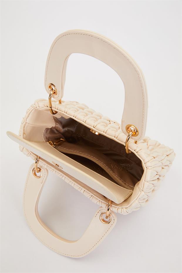 Krem Kabartma Desenli El Çantası