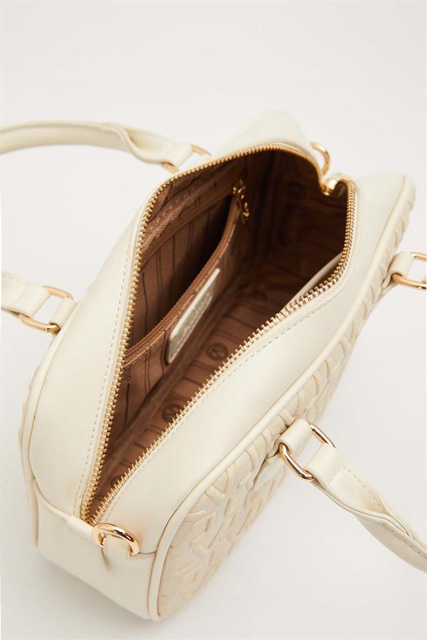 Krem Kabartma Logo Baskılı El Çantası