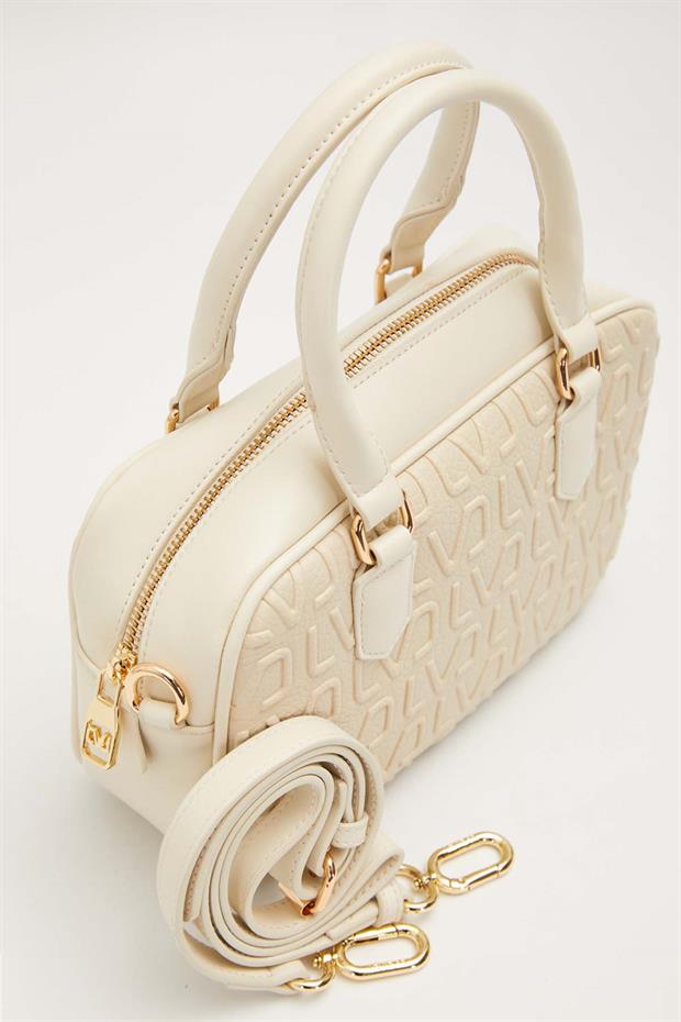 Krem Kabartma Logo Baskılı El Çantası