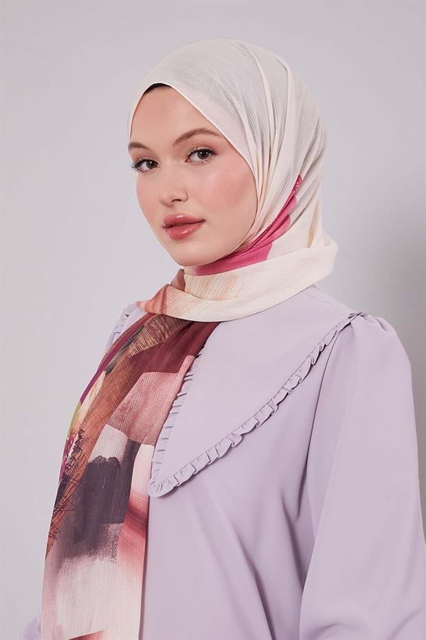 Krem Karışık Çiçek Desen Pamuk Şal