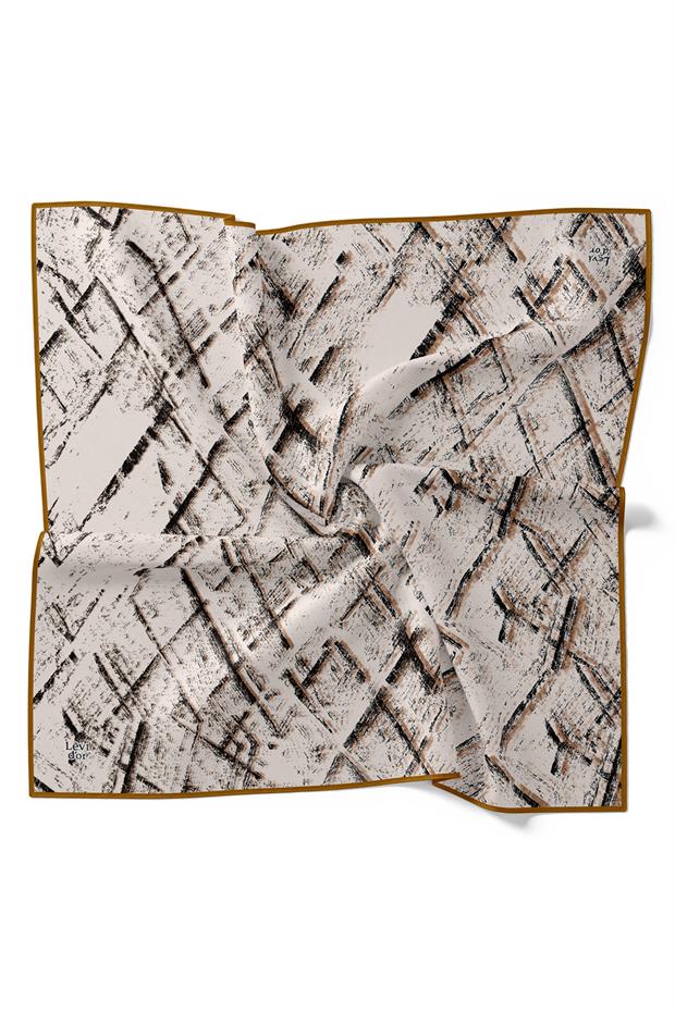 Krem Karışık Fırça Desen Twill İpek Eşarp