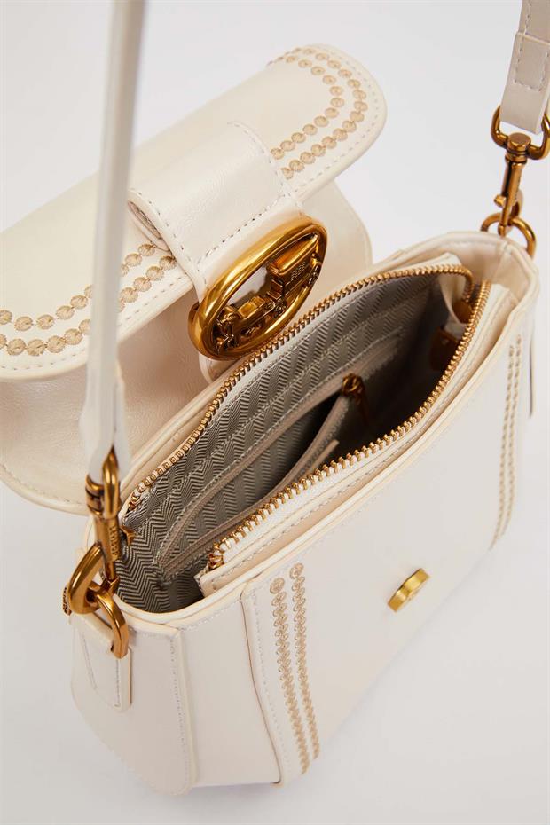 Krem Kenar Desenli Dikişli El Çantası