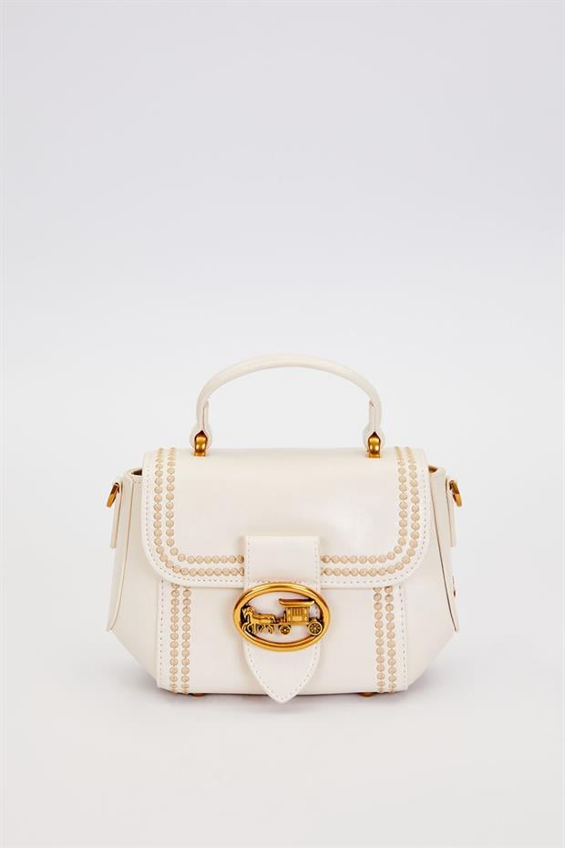 Krem Kenar Desenli Dikişli El Çantası