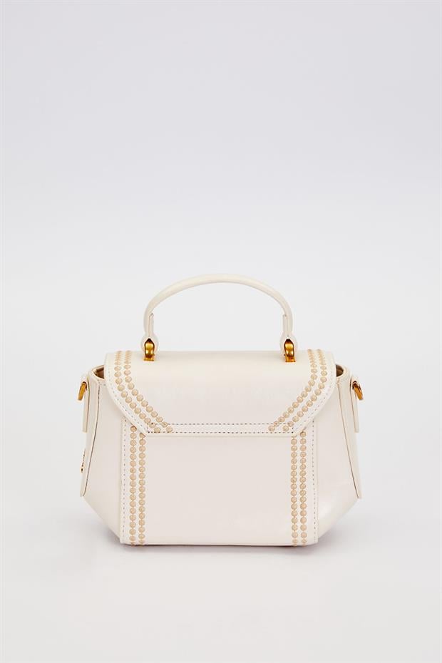 Krem Kenar Desenli Dikişli El Çantası