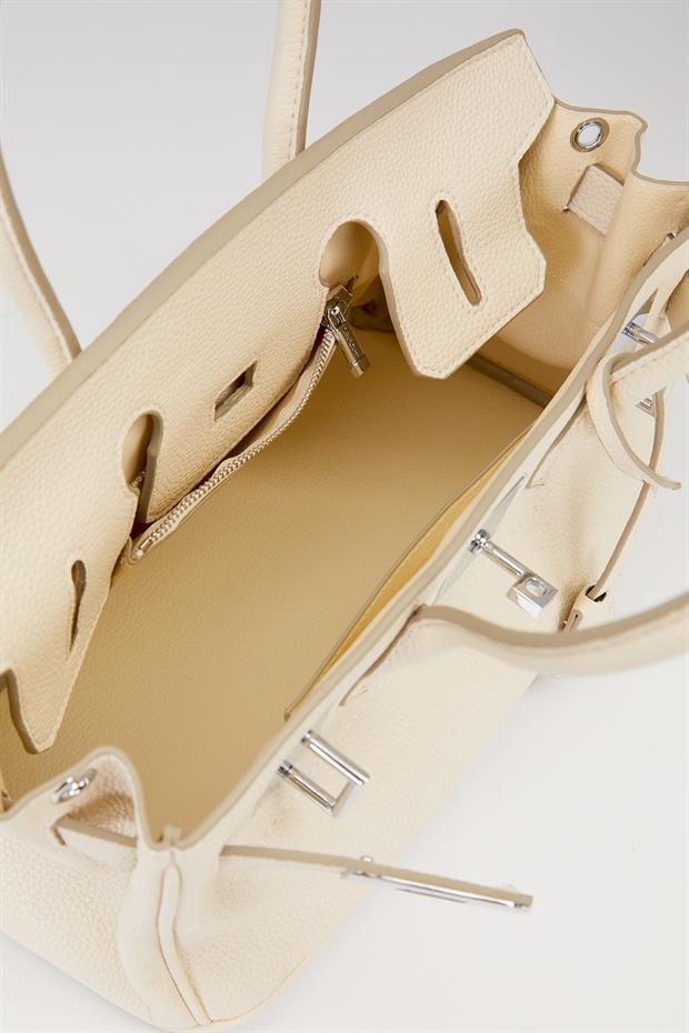 Krem Kilit Toka Detaylı El Çantası