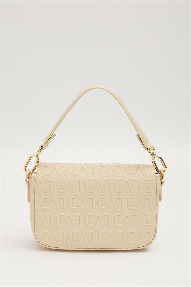 Krem Kısa Askılı Dokulu Omuz Çantası