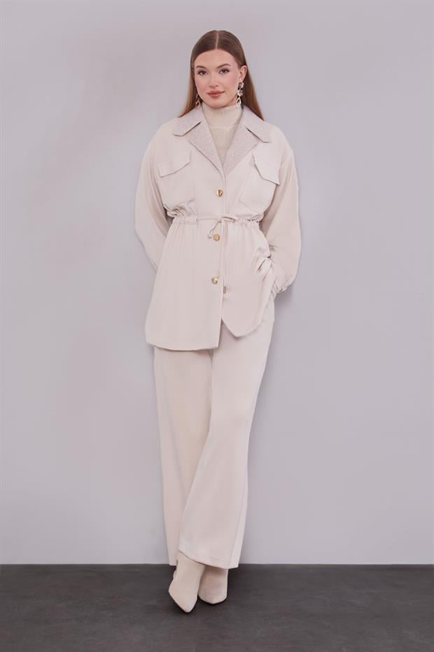 Krem Kruvaze Kürk Yakalı İkili Takım