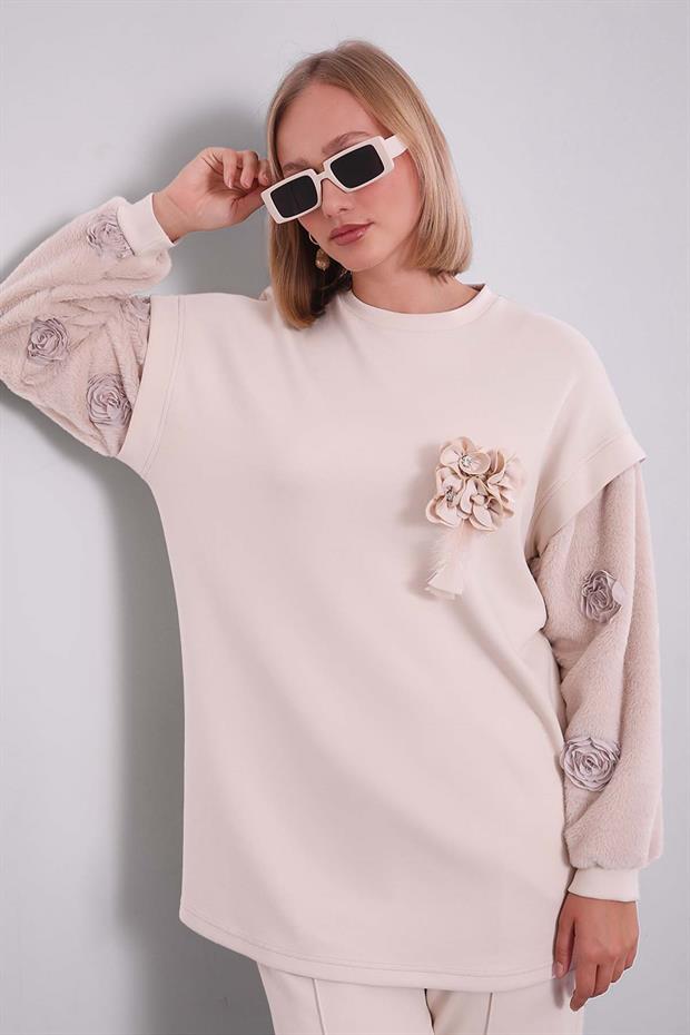 Krem Kürk Kol Detaylı İkili Takım