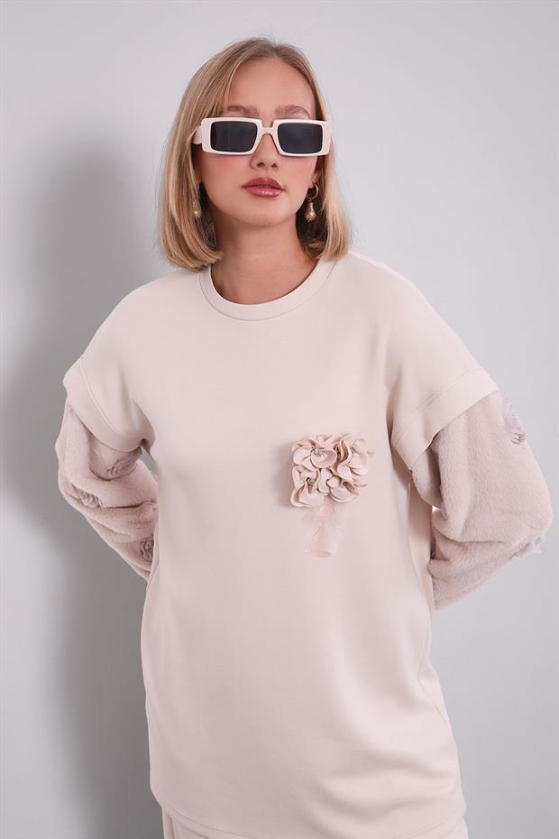 Krem Kürk Kol Detaylı İkili Takım