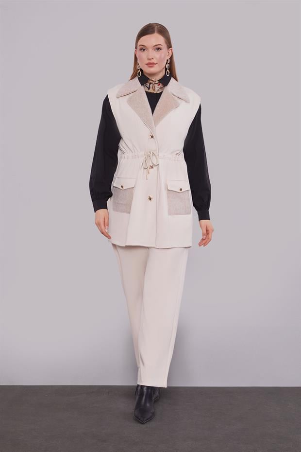 Krem Kürk Yaka Detaylı Yelek Takım