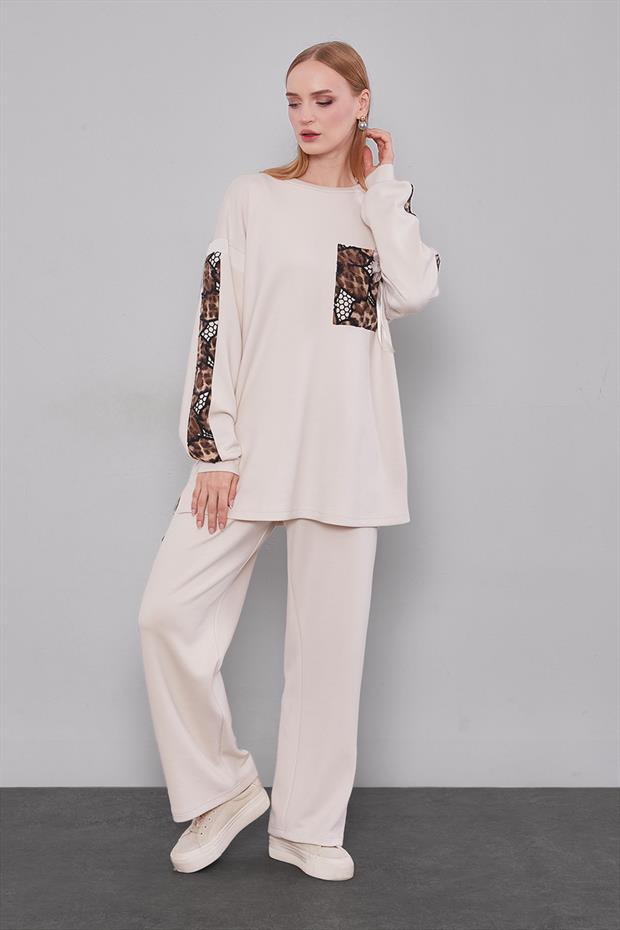 Krem Leopar Cep Detaylı Spor Takım