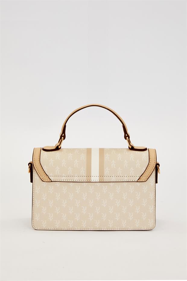 Krem Logolu Monogram Desen El Çantası