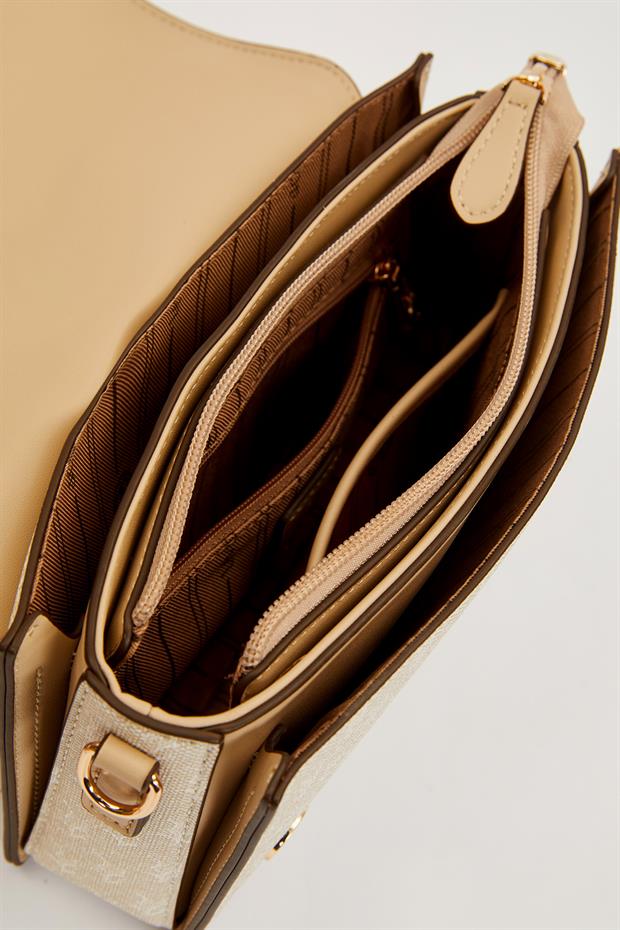 Krem Logolu Monogram Desen El Çantası